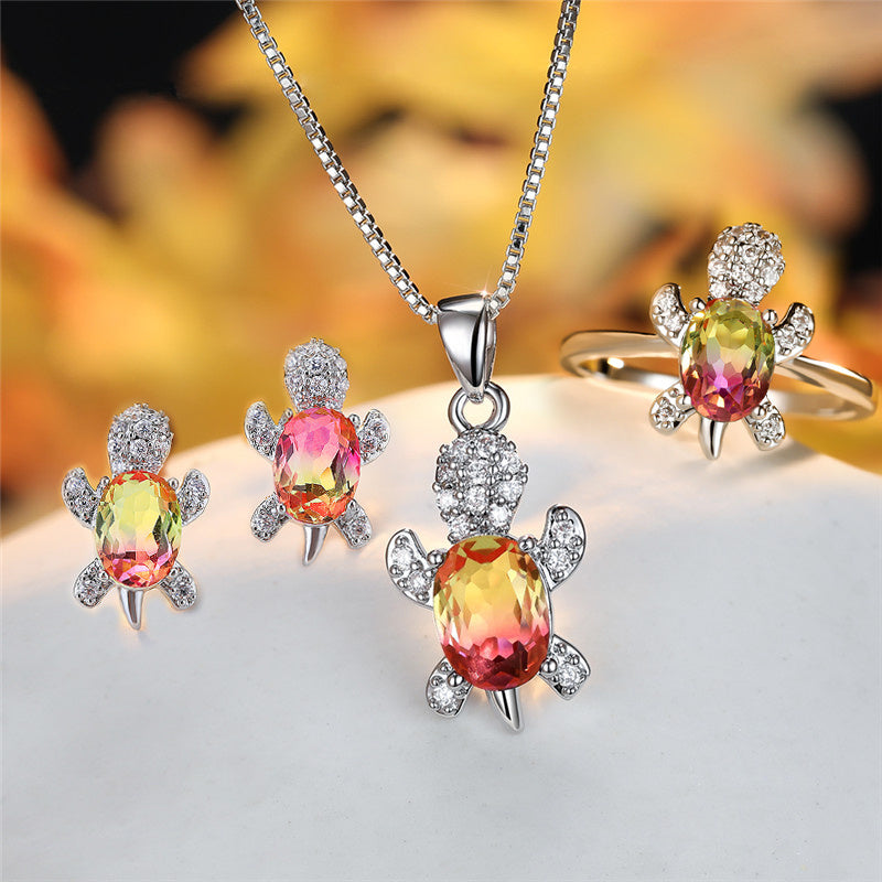 Fashion Oval Zircon Pendant Turtle Shape Necklaces With Rainbow Stone Multicolor Animal Necklace Jewelry For Woman And Children - Nyaabs