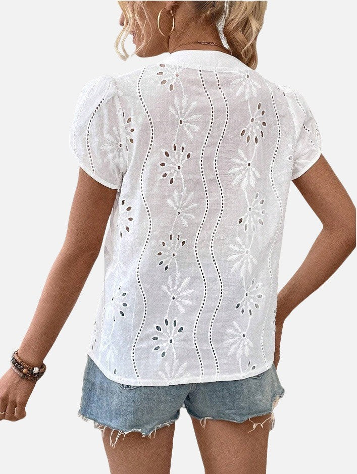 Women's Solid Color Hollow Embroidered Top - Nyaabs