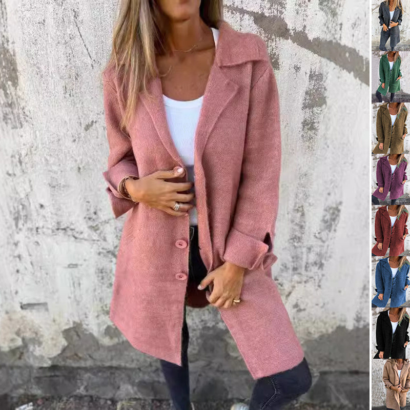 Lapel Single Breasted Cardigan With Pockets Fashion Color Solid Mid-Length Outwear Coat Womens Clothing - Nyaabs