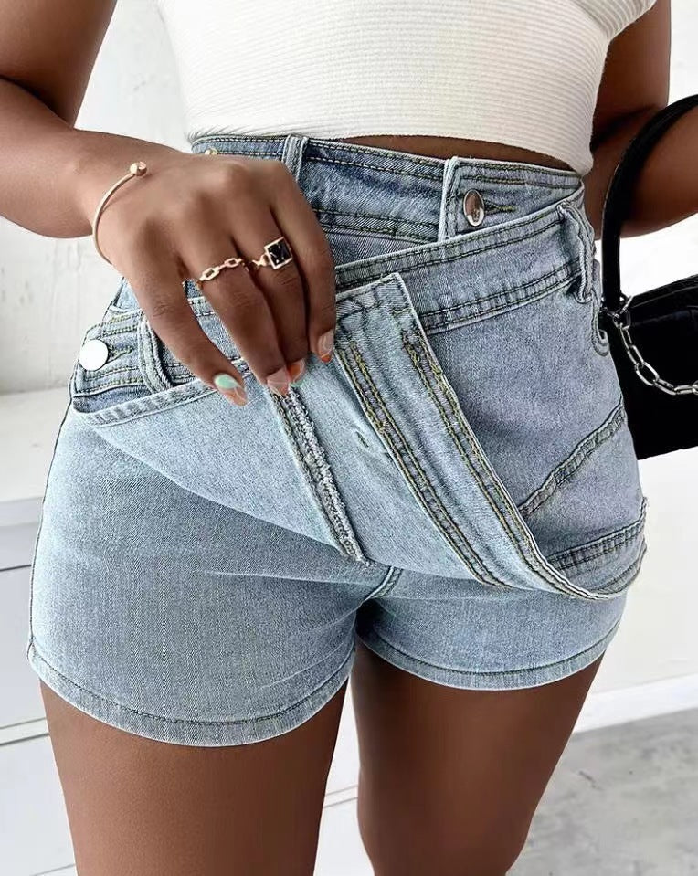 Y2K Street Vintage Denim Shorts Stretch Overlap Waist Wrap Solid Asymmetrical Hem A-Line Skinny Mini Skorts Skirt - Nyaabs