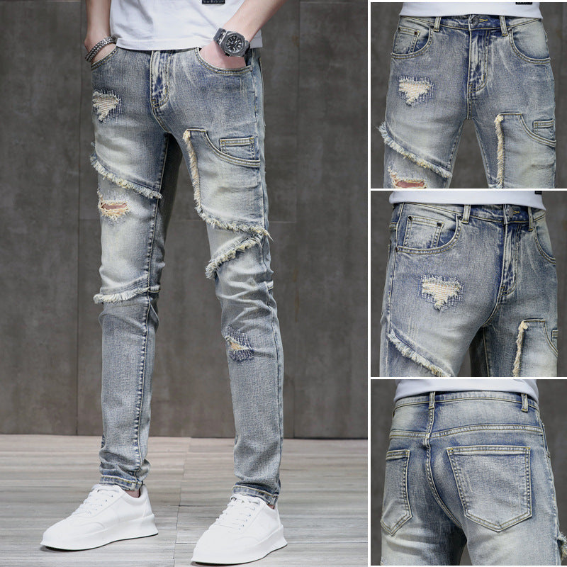 Distressed Raw Hem Ripped Stitching Stretch Denim Trousers - Nyaabs