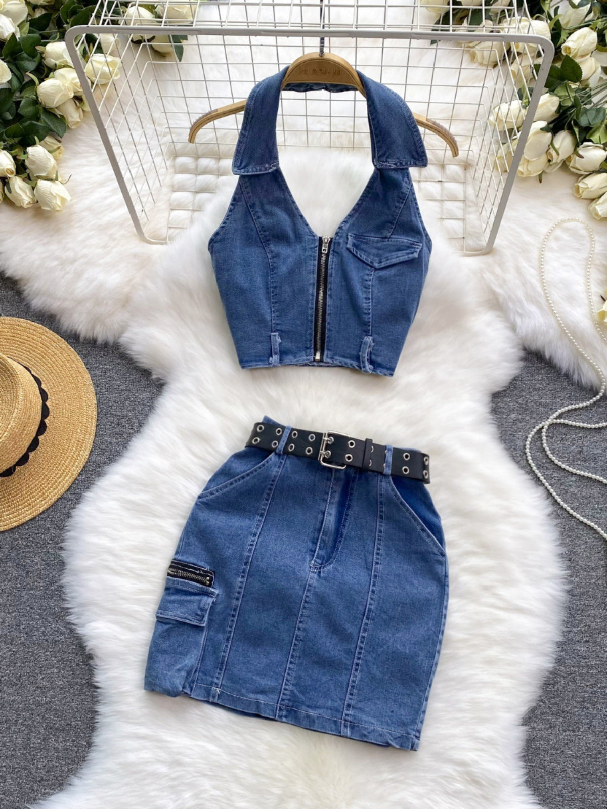 Women's Retro Slim Short Sleeveless Halter Denim Vest Two-piece Set nyaabs.com