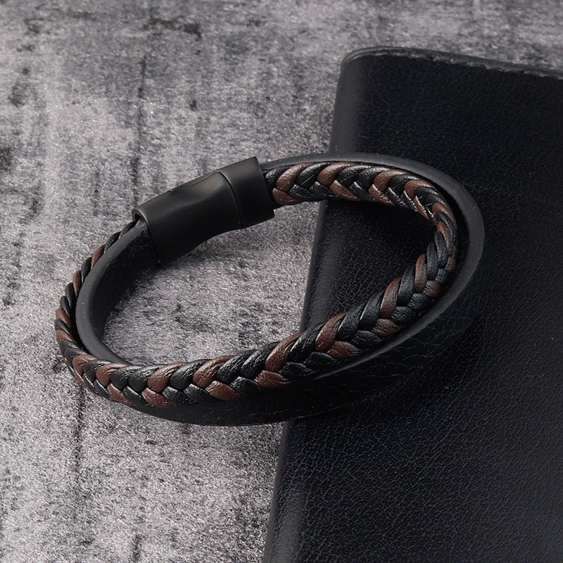 Leather Cord Stainless Steel Braided Bracelet Black Men - Nyaabs