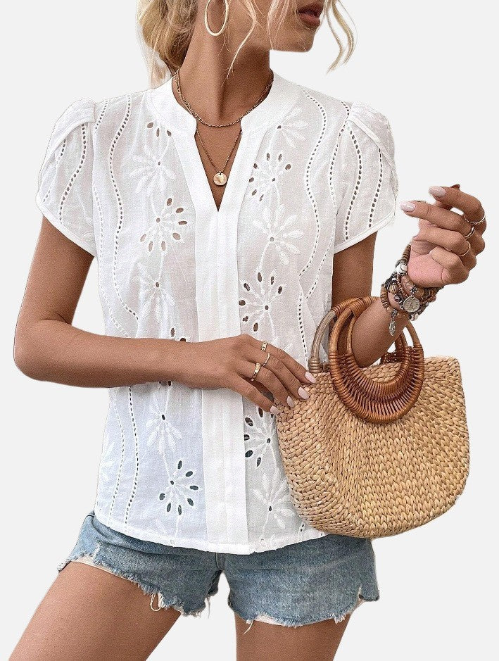 Women's Solid Color Hollow Embroidered Top - Nyaabs