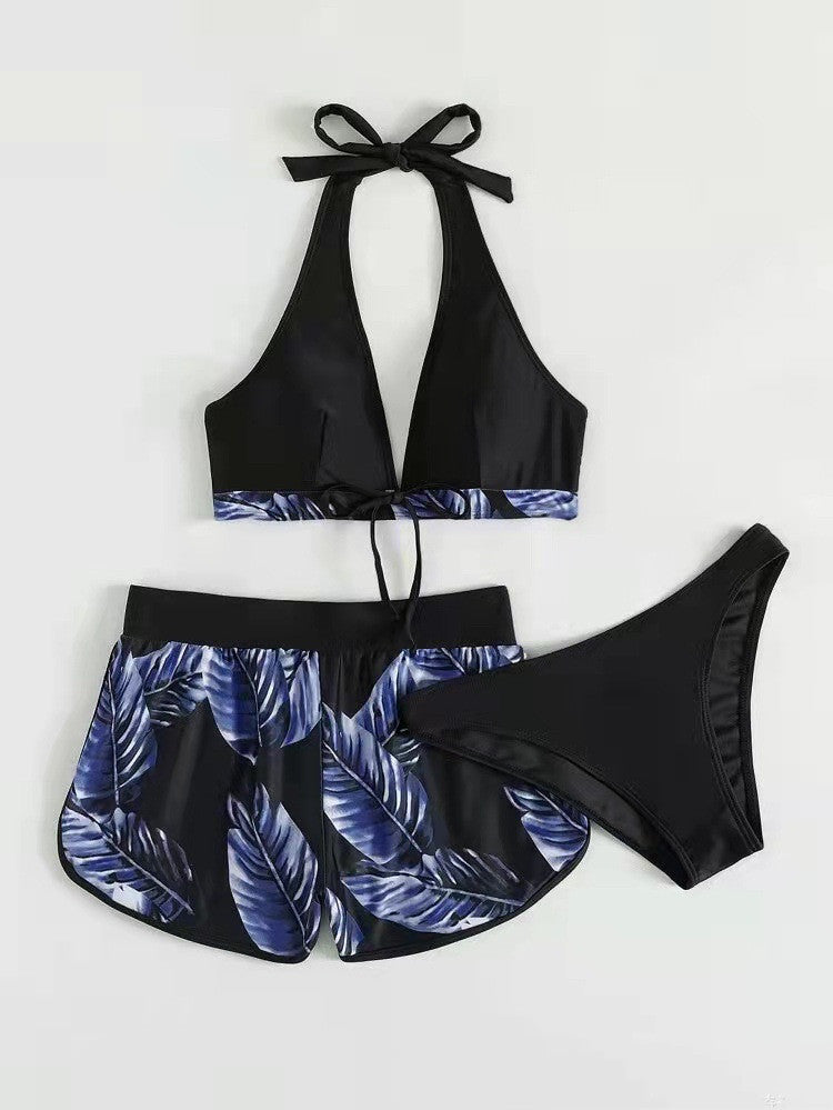 3pcs Leaf Print Bikini With Shorts Fashion Summer Beach Swimsuit Womens Clothing - Nyaabs