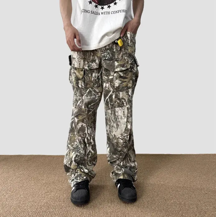 Loose Straight Tree Worn Looking Washed-out Camouflage Printed Overalls - Nyaabs