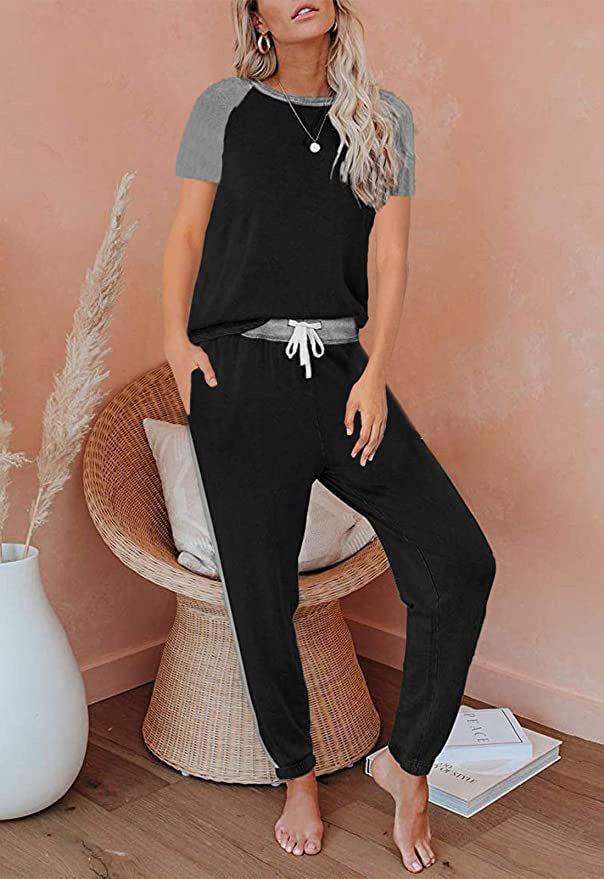 Solid Color Stitching Fashion Round Neck Short Sleeves Casual Suit - Nyaabs