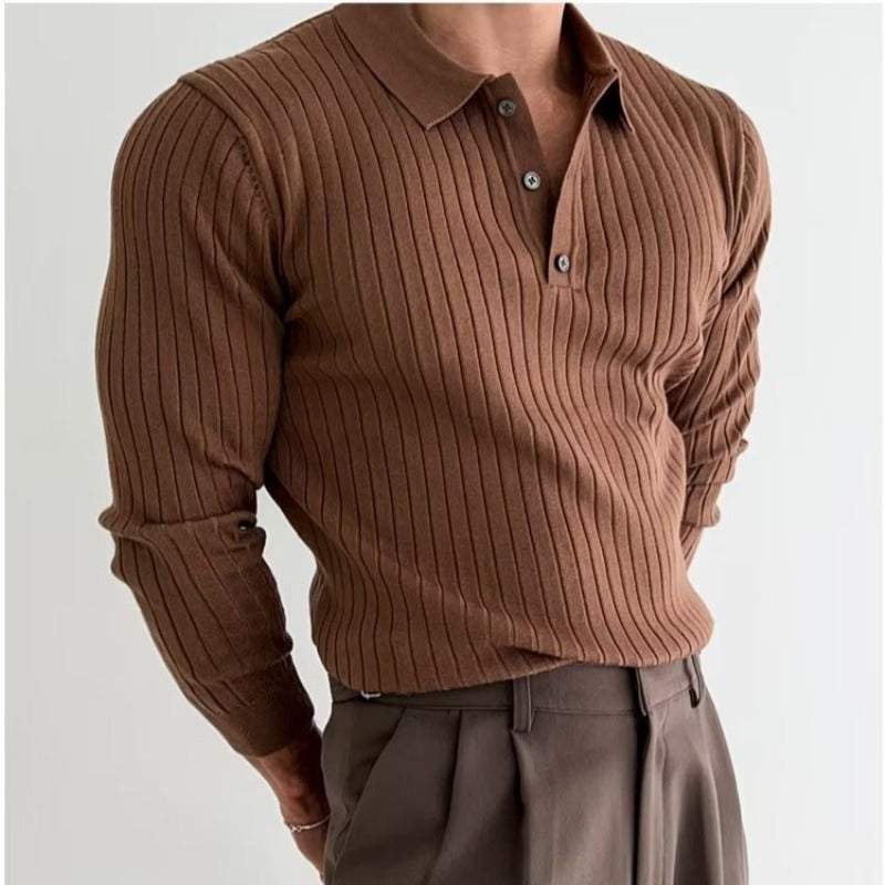 Lapel Button Long Sleeve Polo Shirt Slim Fashion Solid Striped Knitted Bottoming Shirt Top Men's Clothing - Nyaabs