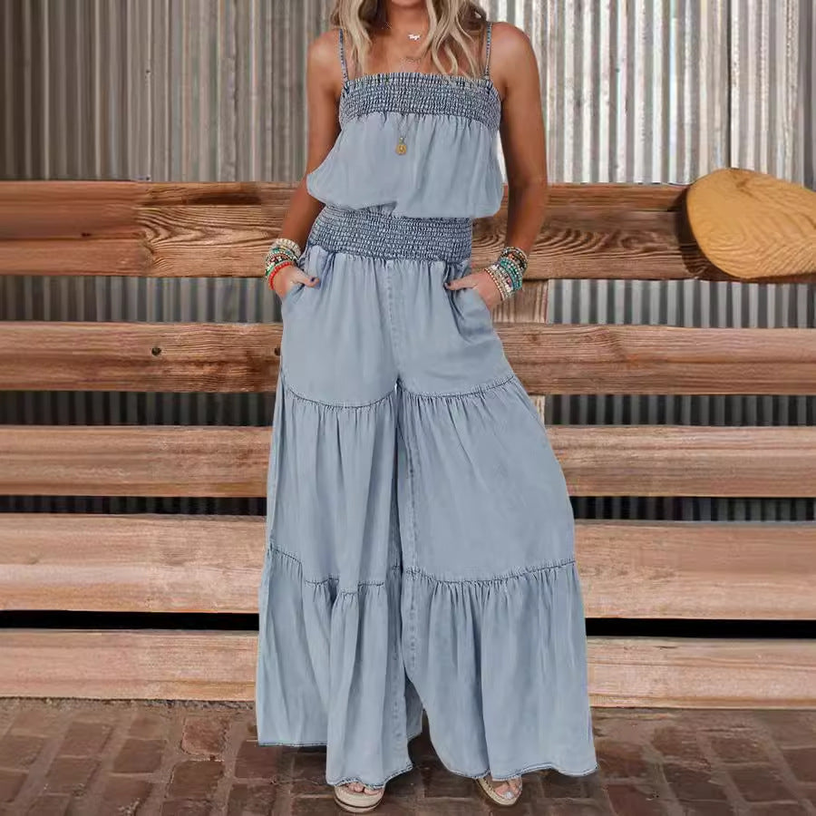 Lady Temperament Elegant Hem Splicing Sling Cake Denim Long Skirts nyaabs.com