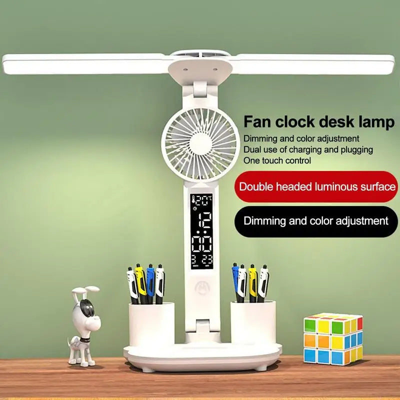 Foldable LED Table Light Eye Protection Multifunction Desk Lamp With Thermometer Calendar Fan Pen Holder Study Reading Fan Light - Nyaabs