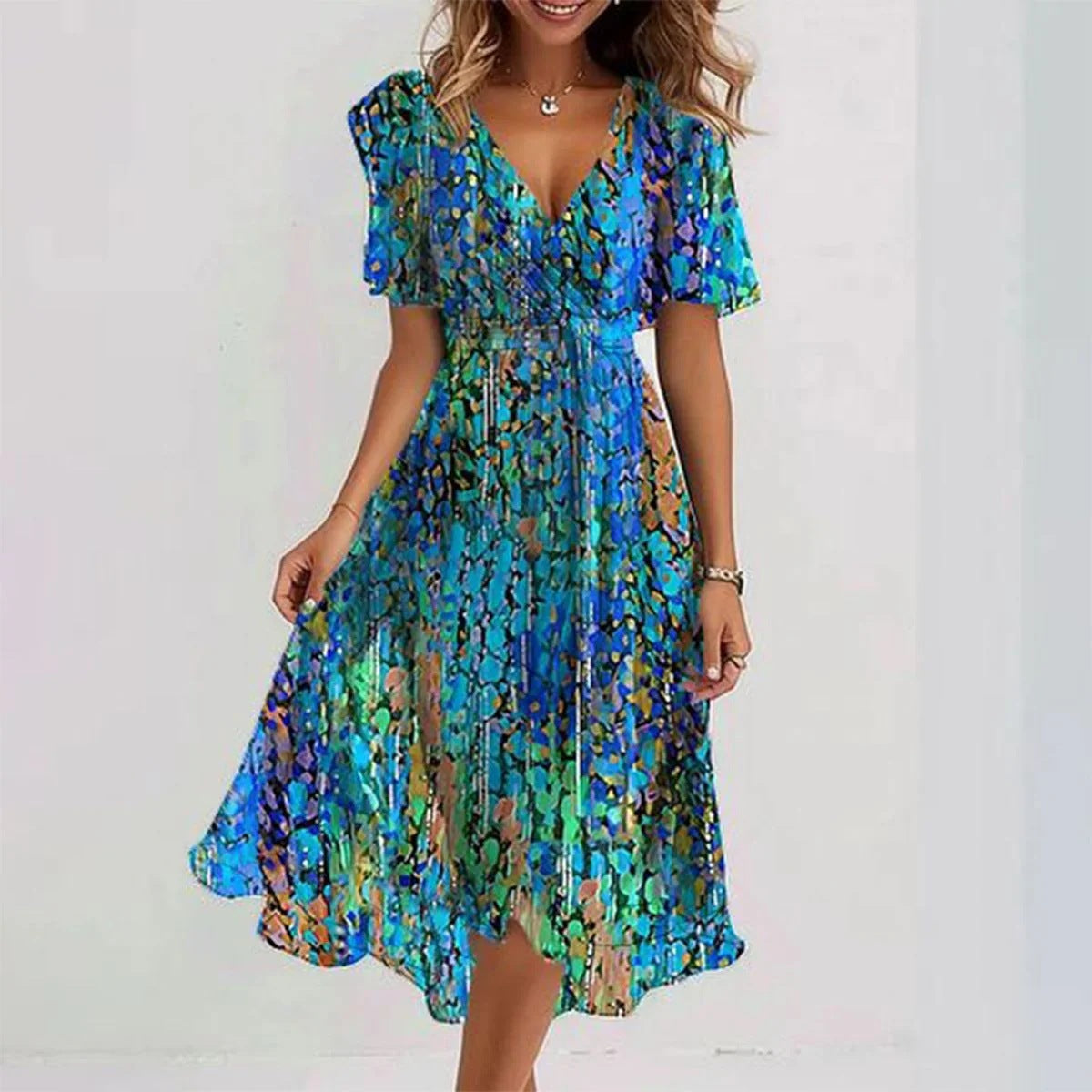 Chiffon Printed Short Sleeve Dress Summer Elegant V-neck Dresses Womens Clothing - Nyaabs