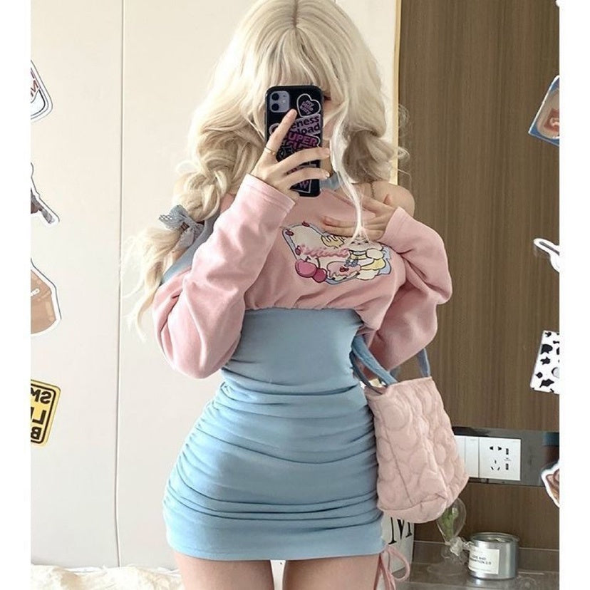 Women's Pink Blue Long Sleeved Slimming Waist Dress - Nyaabs