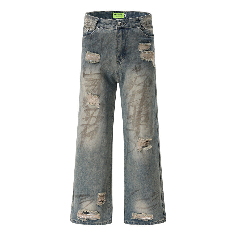 Graffiti Distressed Dirty Ripped Denim Trousers - Nyaabs