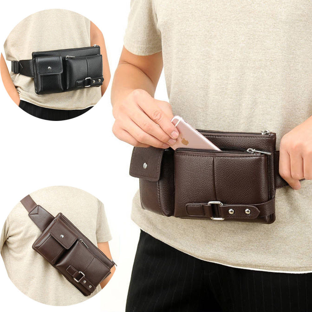 Men's Belt Bag Classic Solid Color PU Leather Waist Bag Outdoor Leisure Travel Fanny Pack Purse - Nyaabs