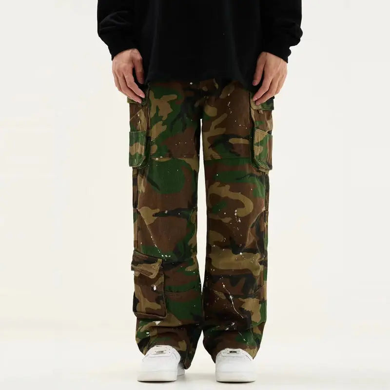 Camouflage High Waist Loose Straight Retro Workwear Casual Pants - Nyaabs