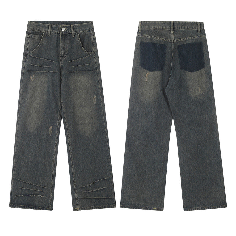 Washed And Worn Worn Out Denim Straight-leg Trousers Men's Punk - Nyaabs