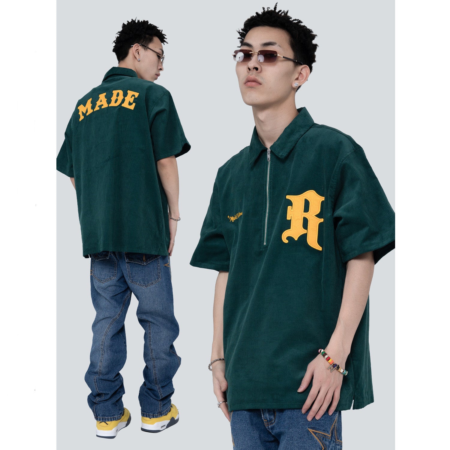 Street Retro Half Sleeve Corduroy Half Zip Letters - Nyaabs