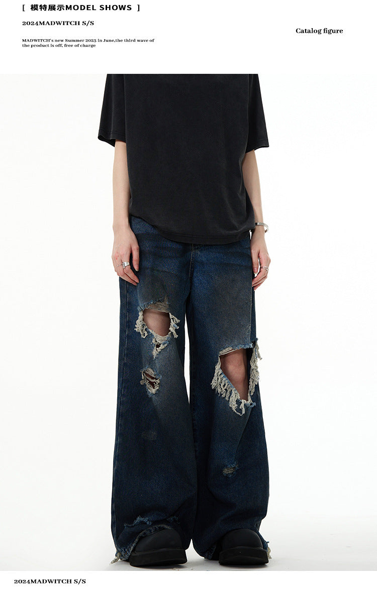 American Retro Make Old Ripped Design Mopping Jeans - Nyaabs