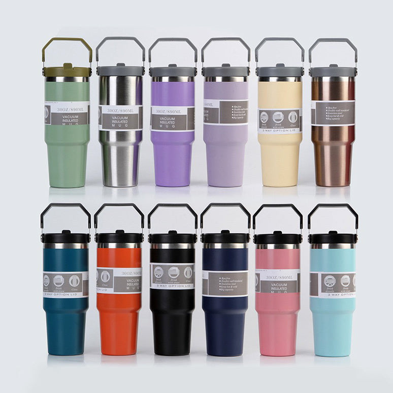 Portable Car Cup Stainless Steel Cup Travel Sports Water Bottle With Handle Cover Coffee Tumbler Cup - Nyaabs