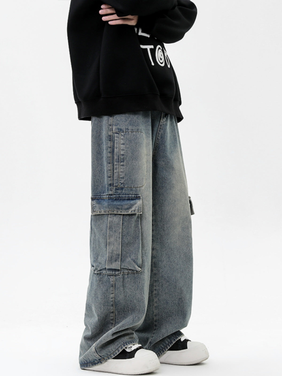 Retro Washed Wide Leg Multi-pocket Loose Straight Jeans - Nyaabs