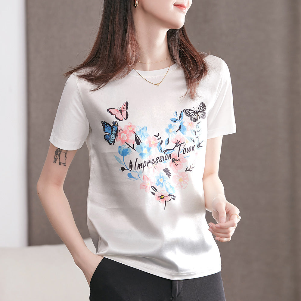 Silk T-shirt Women Short-sleeved Butterfly Love Printing Heavy Satin Stitching - Nyaabs