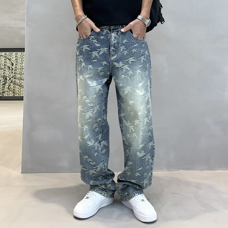 Men's Personalized Bird Jacquard Embroidery Denim Straight-leg Pants - Nyaabs