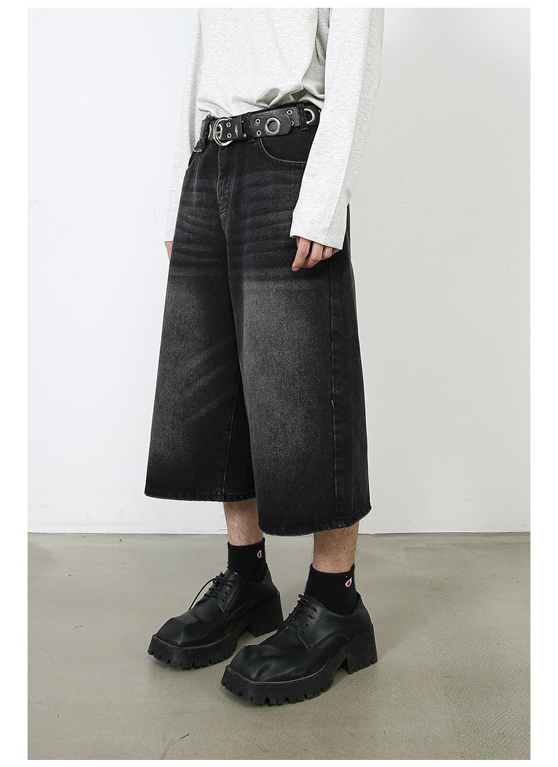 American Black Gray Loose Trousers Loose Denim Cropped Pants - Nyaabs