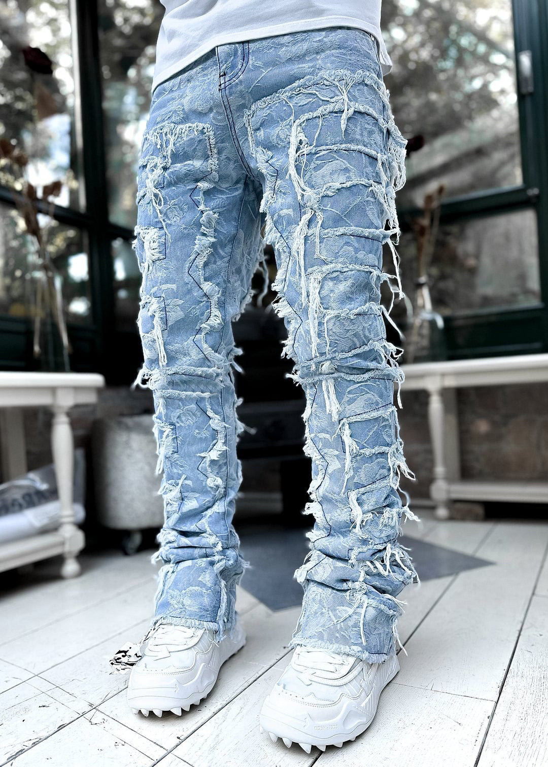 Men Trousers Individual Patched Pants Long Tight Fit Stacked Jeans For Mens Clothing - Nyaabs