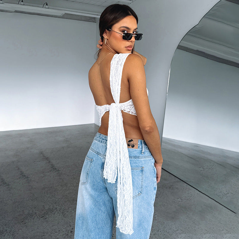 Ins Lace Backless Top Summer Solid Color Waistless Asymmetrical Sloped Neck Vest Streetwear Womens Clothes - Nyaabs