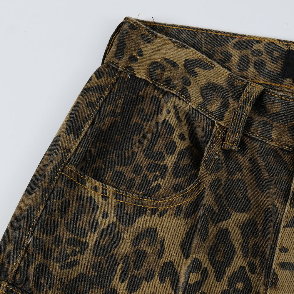 Men's Punk Distressed Pleated Leopard Jeans - Nyaabs