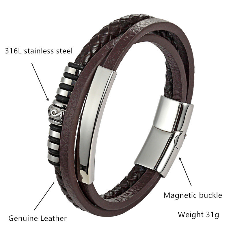 Stainless Steel Leather Bracelet Men Hand Woven - Nyaabs