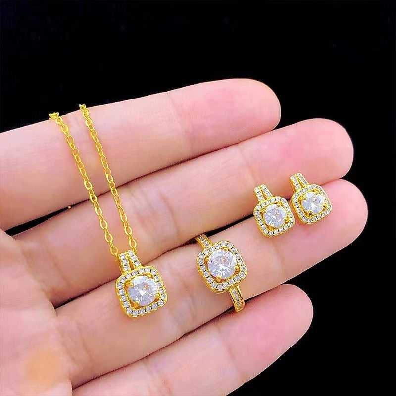 Fashion Jewelry Set Zircon Gem Pendant Chain Choker Necklace For Women Gold Color Stud Earring Statement Wedding Ring - Nyaabs