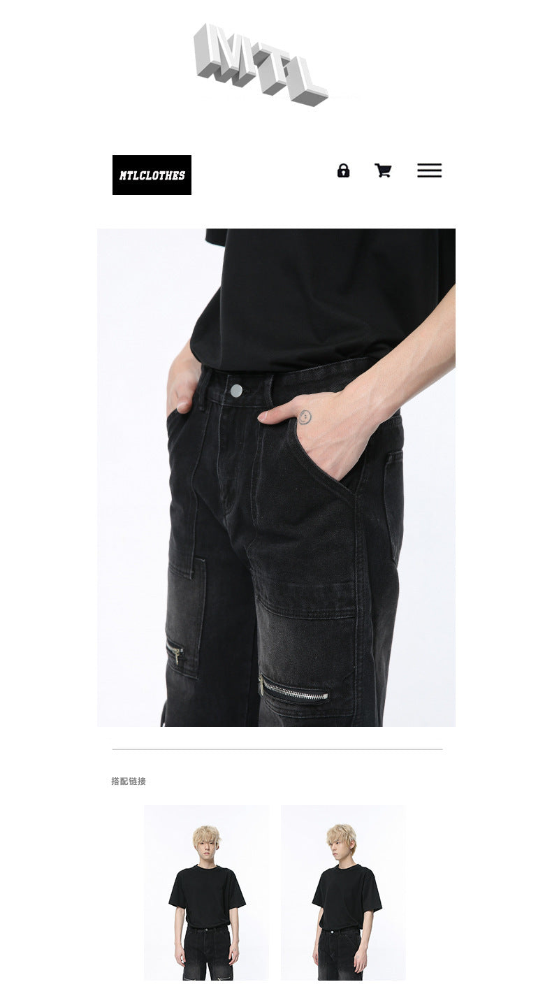 Vintage Zipper Design Multi-pocket Workwear Jeans - Nyaabs