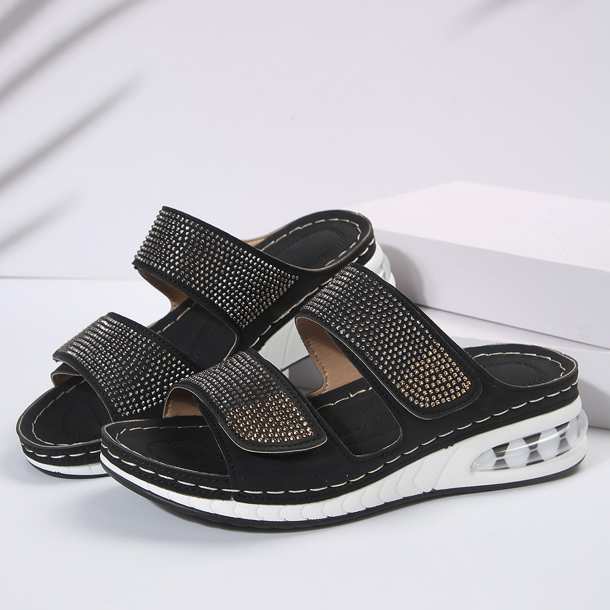 New Air Cushion Wedges Sandals Summer Casual Rhinestone Slides Roman Sandals For Women Non-slip Beach Shoes - Nyaabs