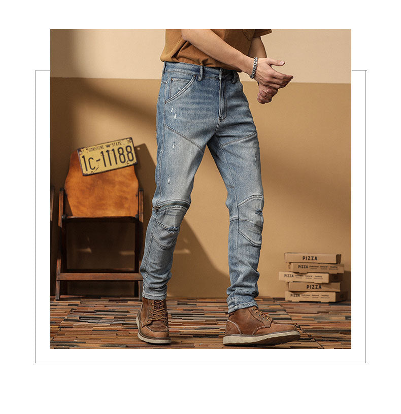 Motorcycle Jeans Korean Style Slim-fitting Ankle-tied High-end Men's Casual All-matching Stretch Pants - Nyaabs