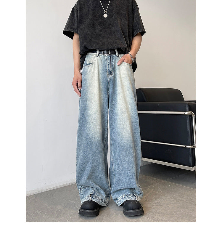 Retro Reverse Pocket Flip-down Jeans Men's Washed Wide-leg Pants - Nyaabs