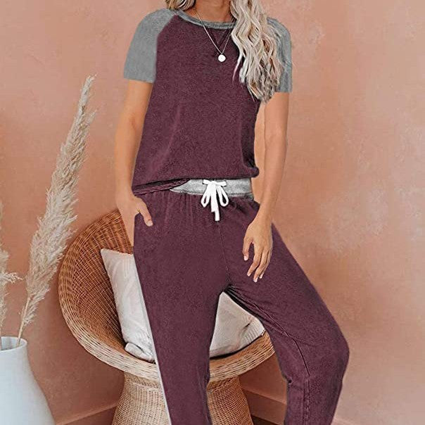 Solid Color Stitching Fashion Round Neck Short Sleeves Casual Suit - Nyaabs