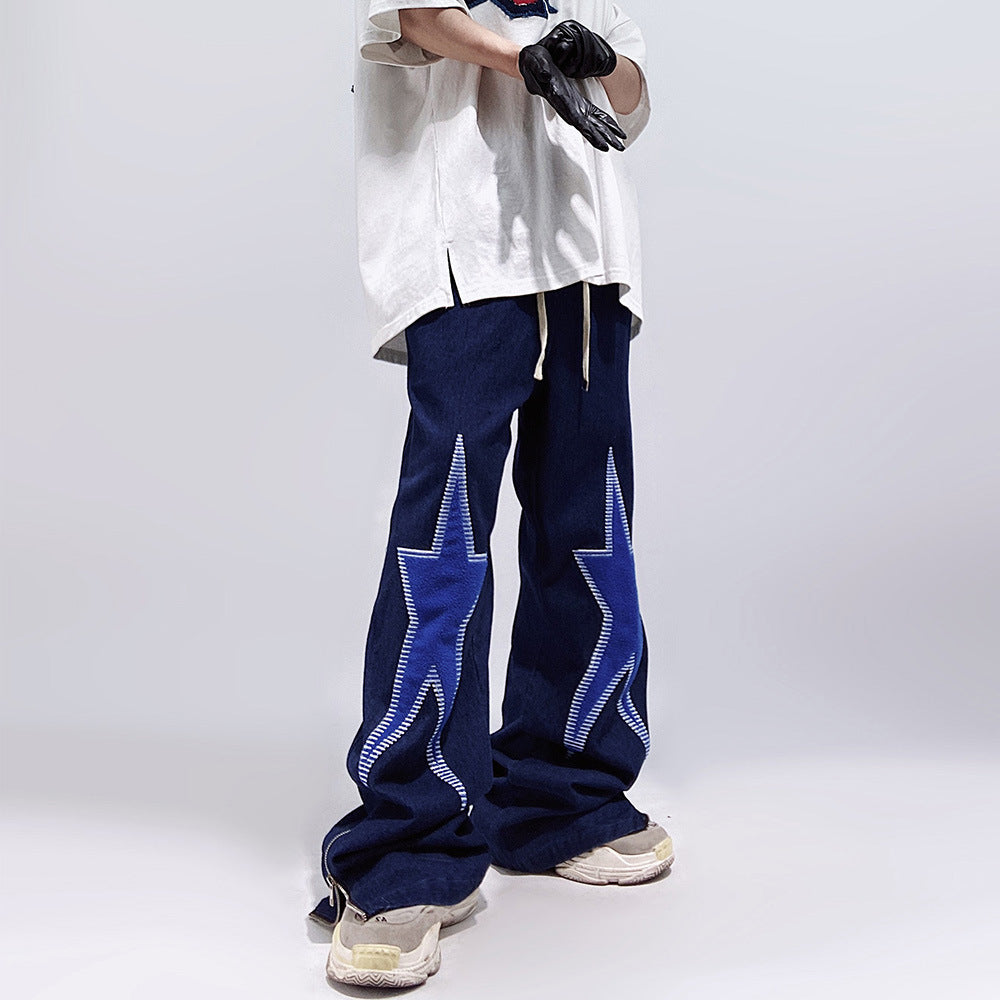 Five-pointed Star Embroidery Denim Horn Loose Straight Casual All-match Mop Trousers Men - Nyaabs