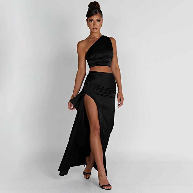 One-shoulder Satin Short Top High Waist Split Maxi Dress E - Nyaabs