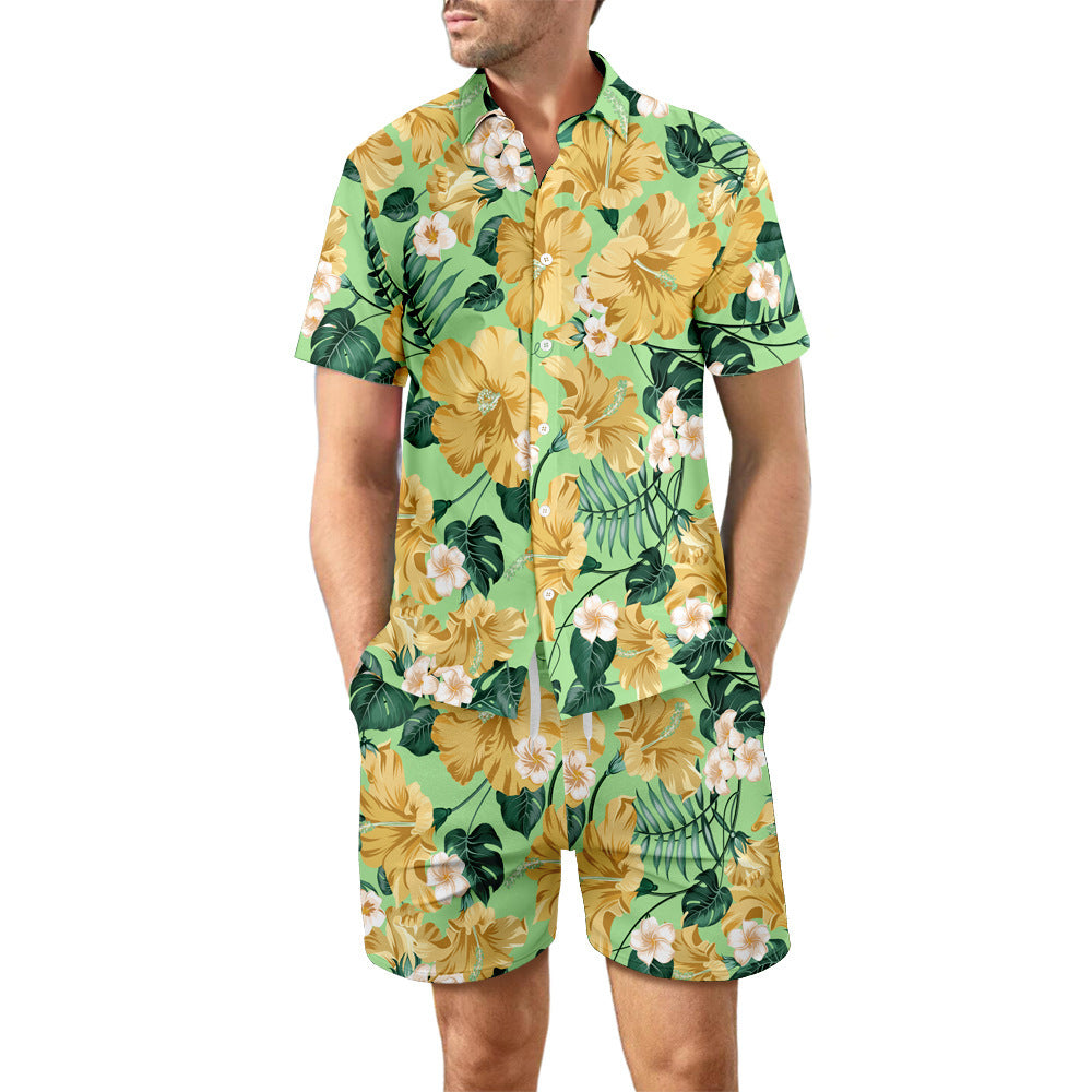 2Pcs Printed Beach Shirt Summer Suit Loose Lapel Button Top And Drawstring Pockets Shorts Casual Short Sleeve Suits For Men Clothing - Nyaabs