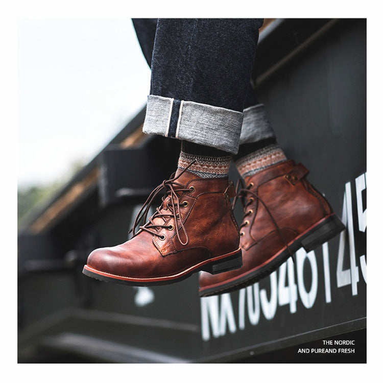 Retro Boots Men Lace-up Leather Ankle Boots Low Heel Motorcycle Shoes - Nyaabs