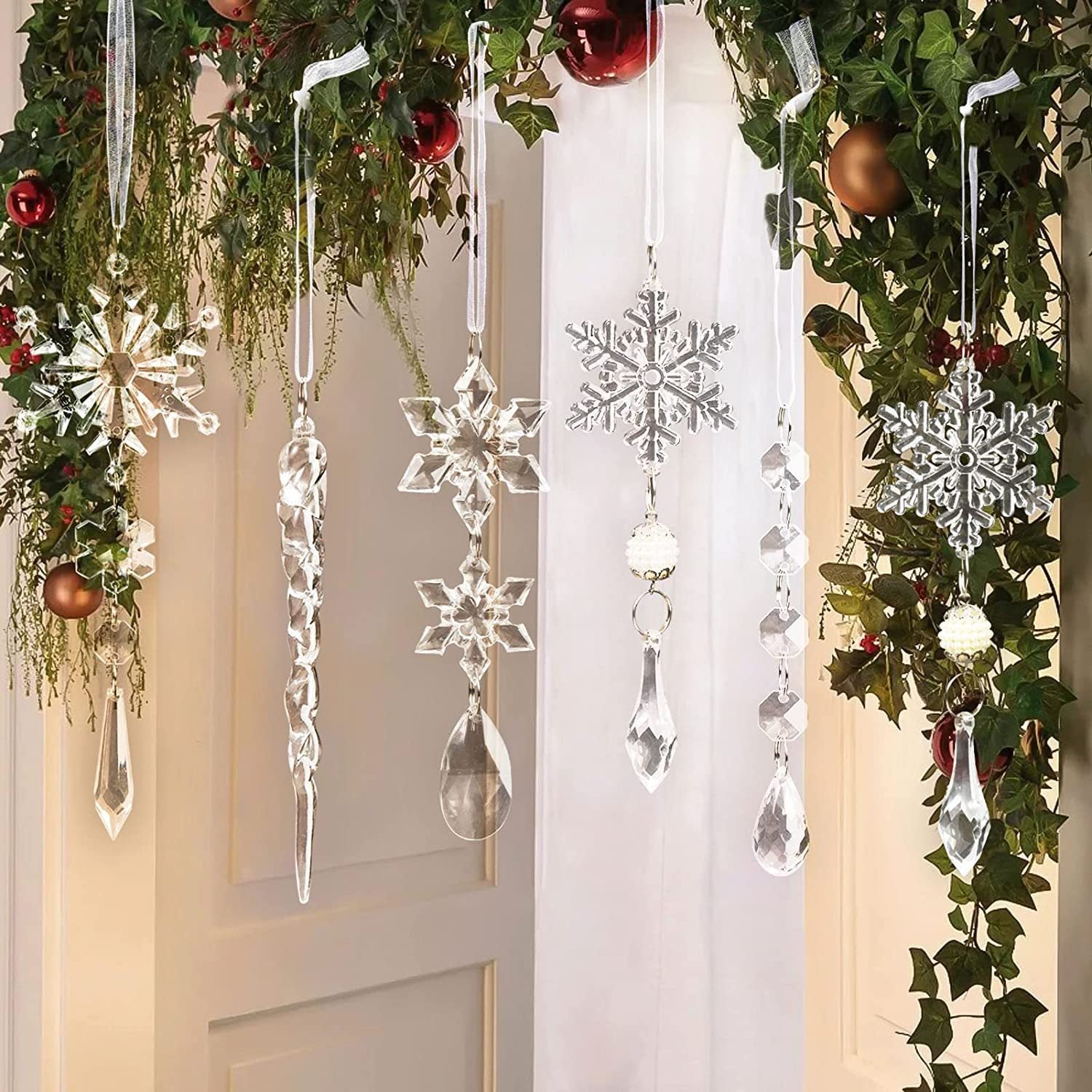 10pcs Christmas Tree Hanging Pendants Acrylic Ice Strip Snow Ceiling Xmas Ornaments New Year Christmas Decoration Home Decor - Nyaabs