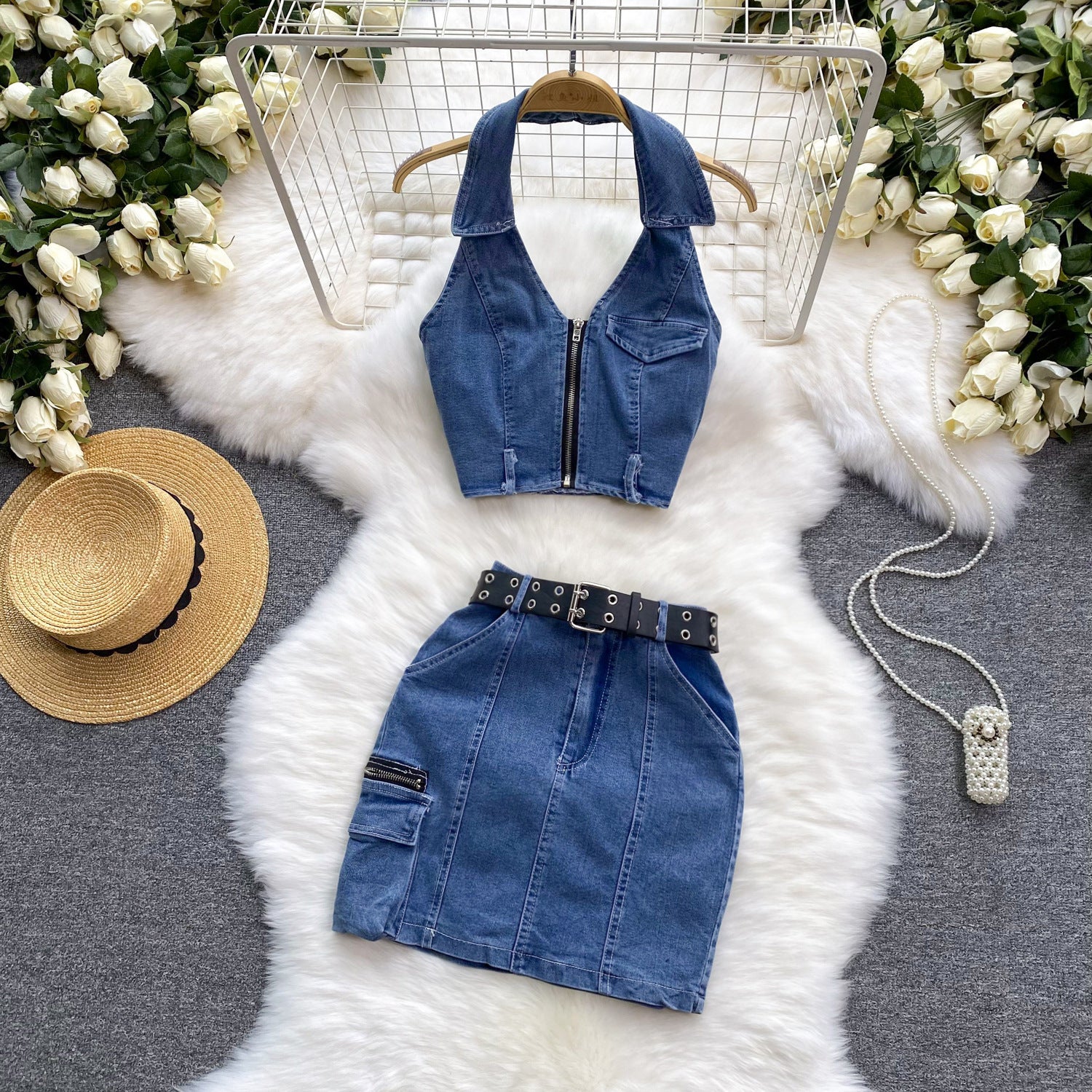 Women's Retro Slim Short Sleeveless Halter Denim Vest Two-piece Set nyaabs.com