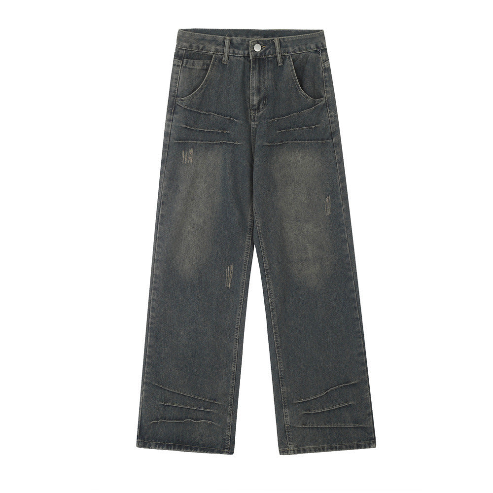 Washed And Worn Worn Out Denim Straight-leg Trousers Men's Punk - Nyaabs