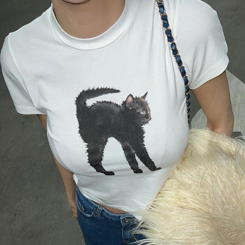 American Fried Hair Cat Print Short Sleeve T-shirt - Nyaabs