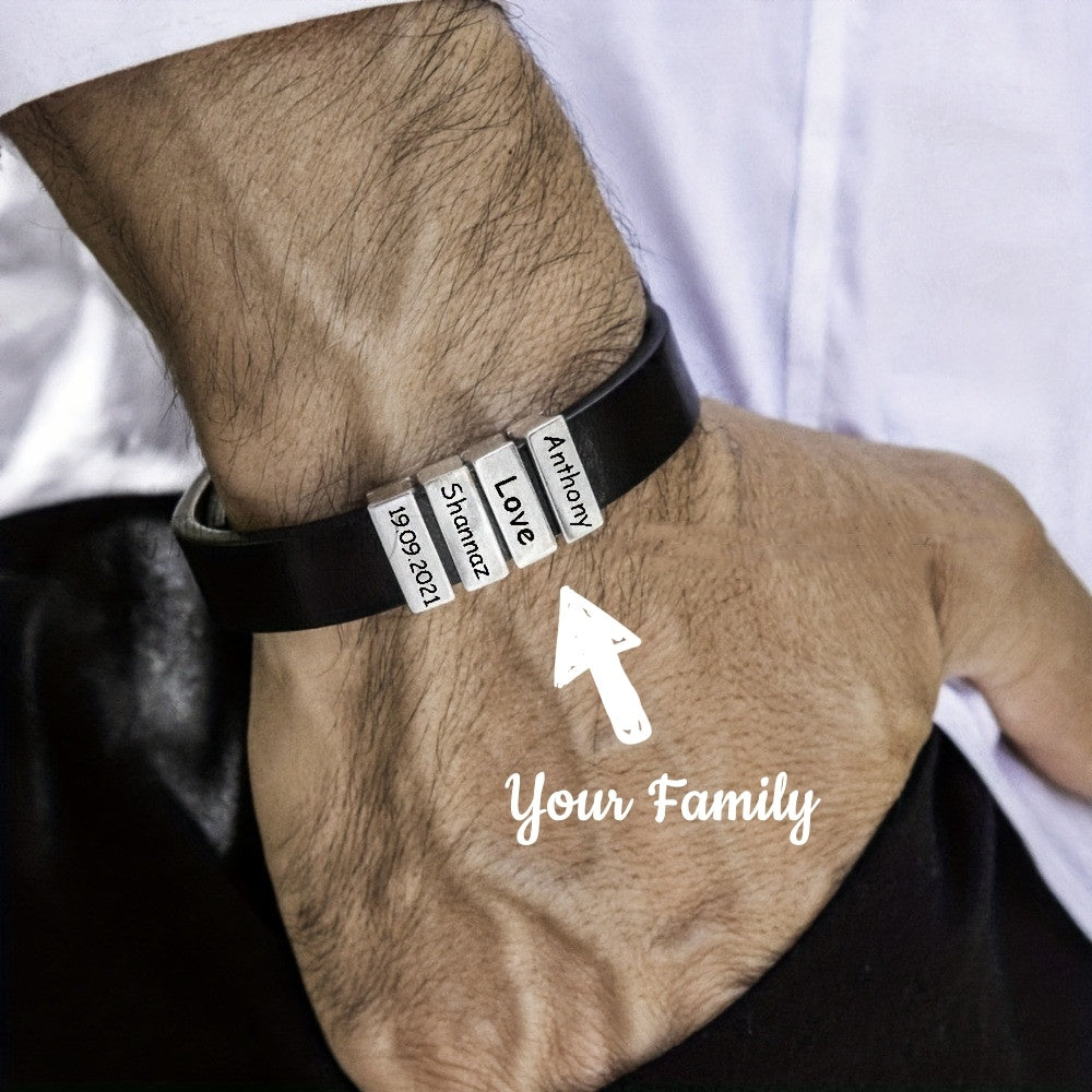 Customized Family Names Bracelet For Men Personalized Engraved Stainless Steel Beads Leather Bracelets Bangle Father's Day Gifts - Nyaabs