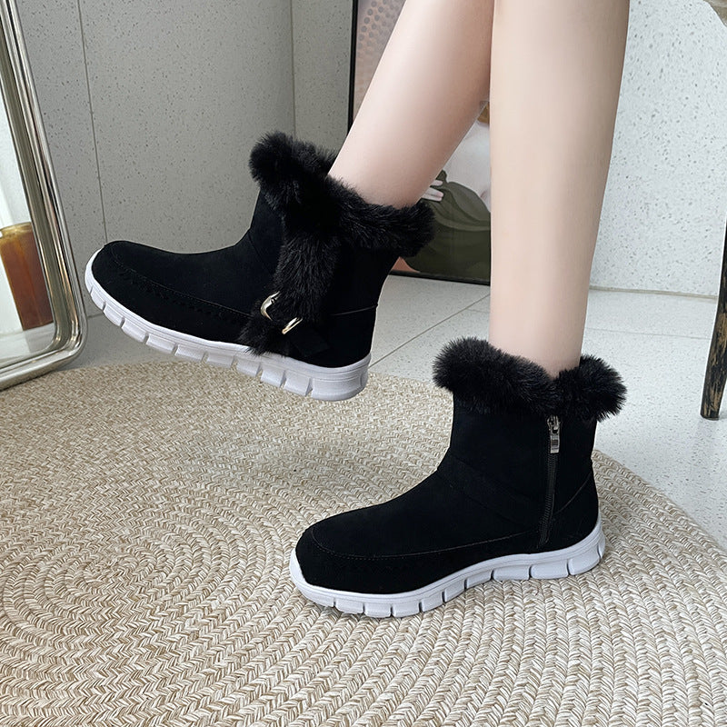 New Snow Boots Winter Warm Thickened Solid Color Plush Ankle Boots With Buckle Design Plus Velvet Flat Shoes For Women - Nyaabs