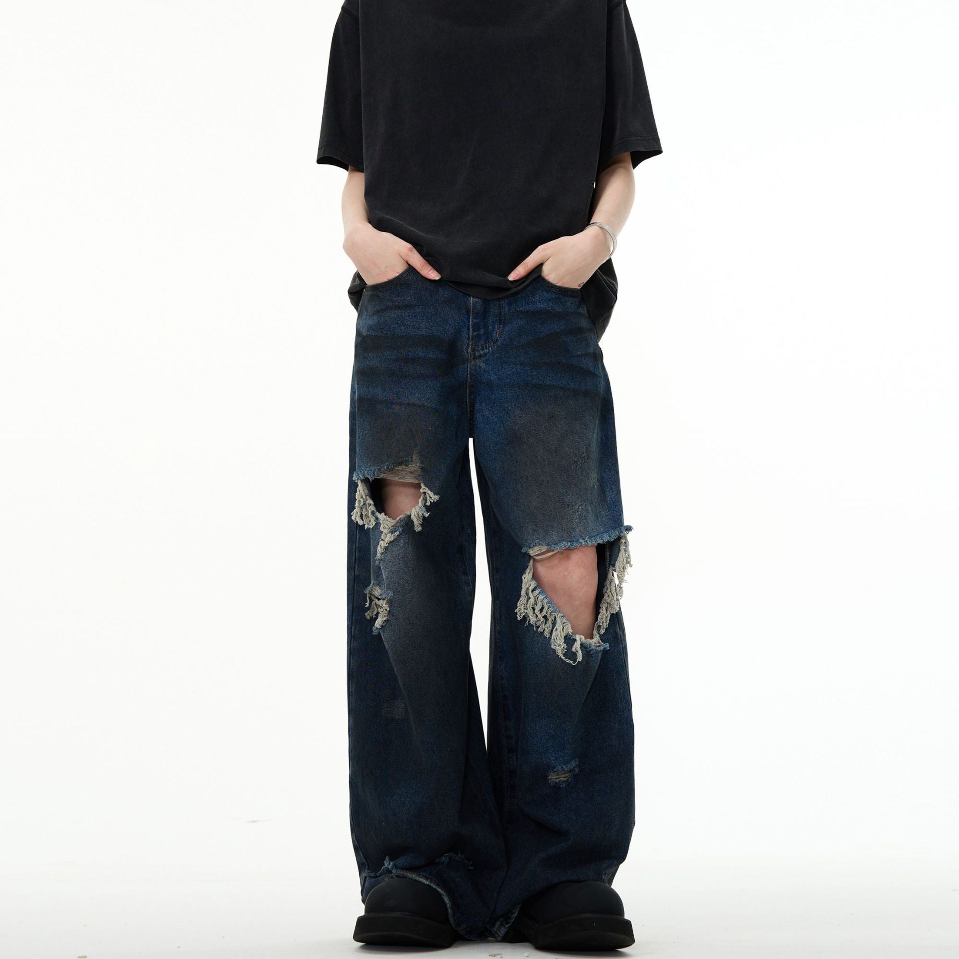 American Retro Make Old Ripped Design Mopping Jeans - Nyaabs