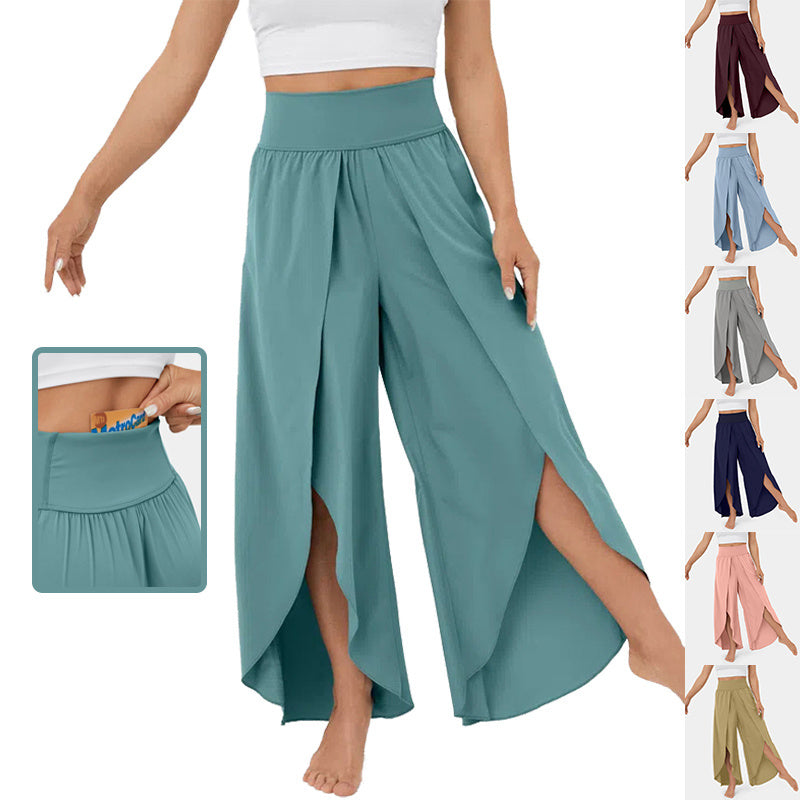 Loose Split Yoga Pants Summer Elastic High Waist Wide Leg Trousers Women's Fashion Versatile Clothing - Nyaabs