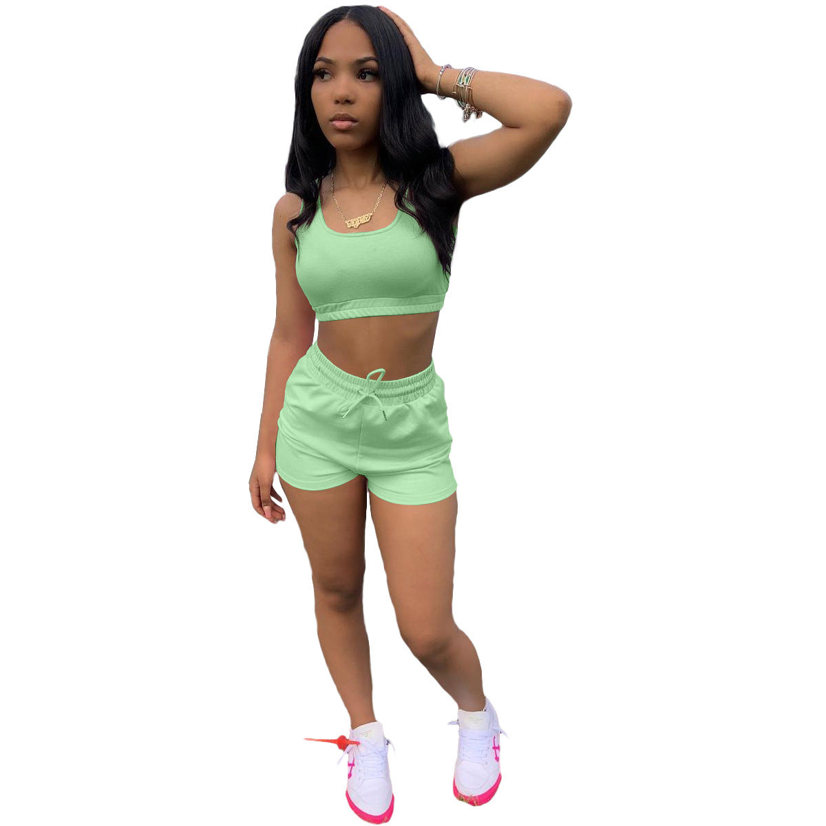 Solid Color Women's Vest And Shorts Two-piece Set - Nyaabs